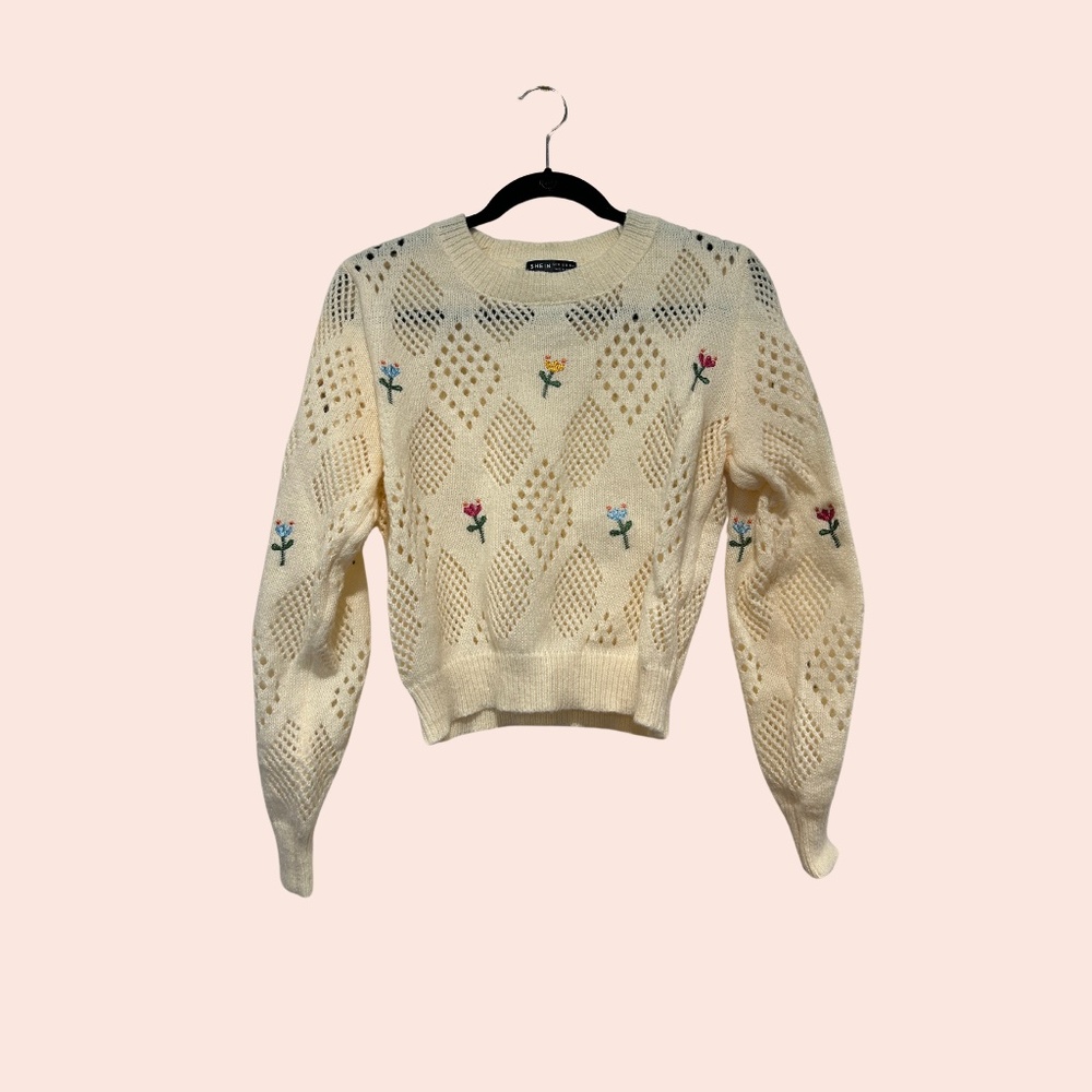 Cream Colored Sweater with Embroidered Flowers